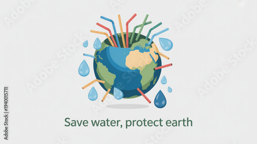 Earth with straws and water drops save water protect earth eco friendly concept