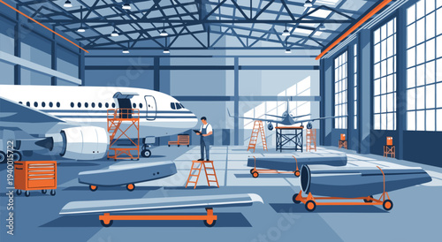 Detailed Vector Illustration of an Aircraft Hangar with Airplanes Undergoing Maintenance and Repairs