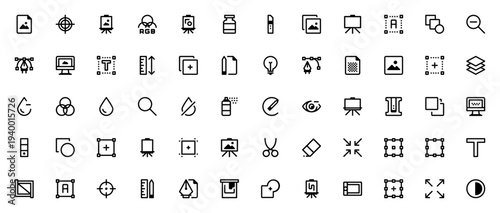 Design element icon set. Vector graphics pack featuring file, target, canvas, RGB, ink, cutter, shapes, vector, text, layers, paint spray, pen, eraser, ruler, paint bucket and more. Editable stroke.