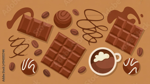 Chocolate bars coffee cup cocoa beans and chocolate sauce on brown background sweet treats and beverages