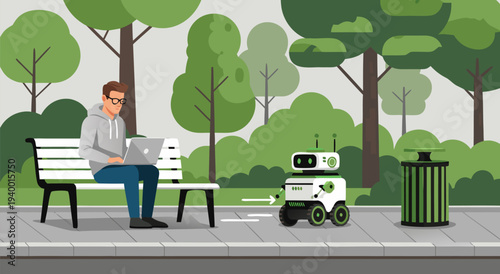 A vector illustration of a person with a laptop in a park, with a small robot and trash can nearby
