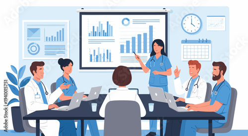 Medical Team Meeting for Health Data Analysis and Strategy Vector Illustration for Healthcare Professionals