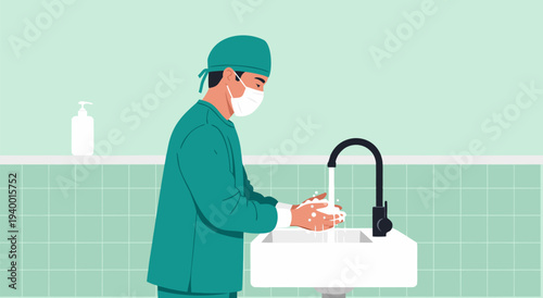 Doctor washing hands vector illustration of healthcare professional maintaining hygiene and preventing germ spread during pandemic