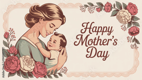 Mother and baby hug happy mother's day floral greeting card with roses and leaves on beige background