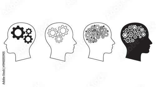 Human head silhouettes with gears inside illustrating different stages of thought process and mechanical thinking.