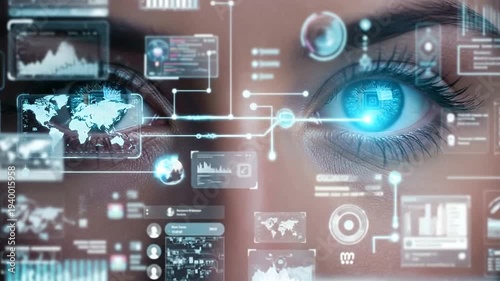 Eyes With Digital Interface Overlays Revealing Technology.