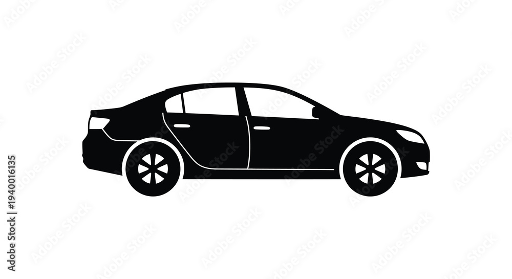 Fototapeta premium A sleek modern sedan is depicted in a solid black form against a white background showcasing its design silhouette