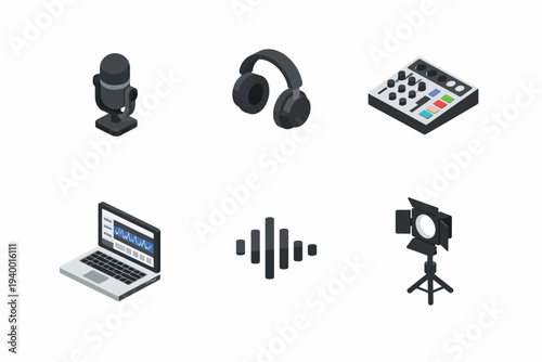 Audio equipment icons: microphone, headphones, mixer, laptop, soundwave, spotlight