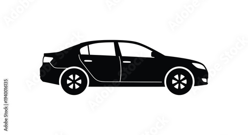 A sleek modern sedan is depicted in a solid black form against a white background showcasing its design silhouette
