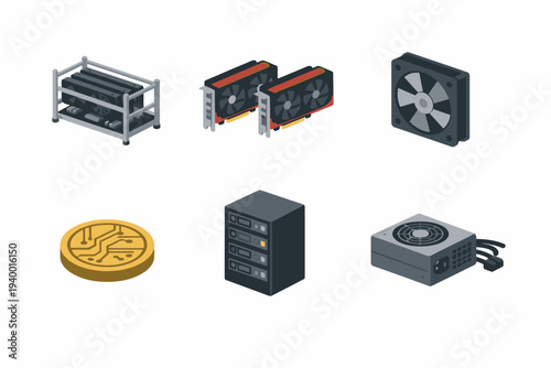 Cryptocurrency mining equipment icons: gpus, server, coin, power supply, cooling fan