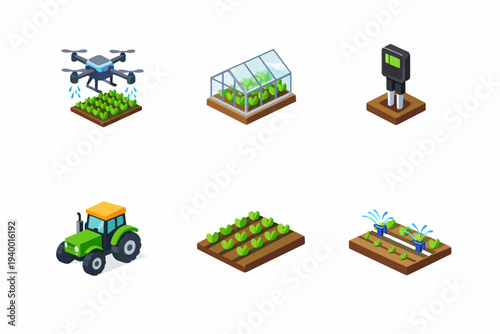 Modern farming technology icons: drone, greenhouse, irrigation, tractor