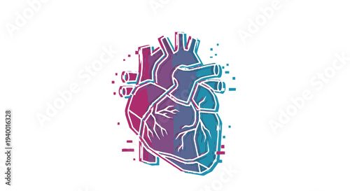 Stylized human heart illustration with a modern gradient design, blending vibrant pink and blue hues, representing anatomy, health, and technology.