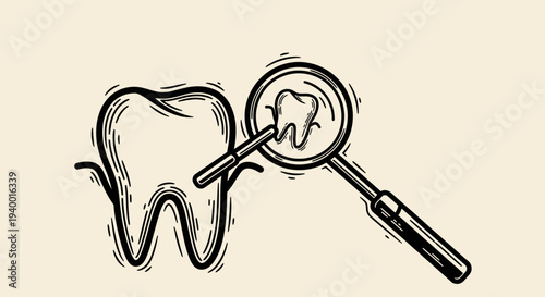 Hand-drawn illustration of a tooth and a magnifying glass, representing dental examination, oral health, hygiene, and professional dental care services.