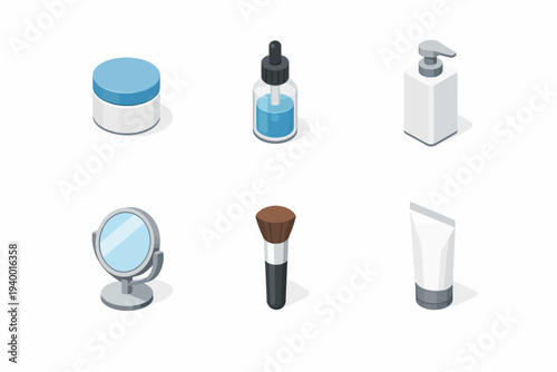 Collection of cosmetic products: cream, serum, lotion, mirror, brush, tube