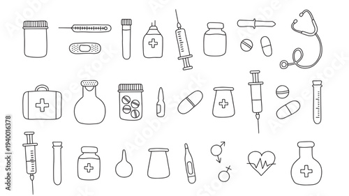 Medical supplies, including syringes, pills, bandages, thermometers, and a stethoscope, rendered in a simple hand-drawn outline style on a white