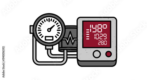 Medical illustration of blood pressure monitors, featuring both traditional analog sphygmomanometer and modern digital device for health checks.