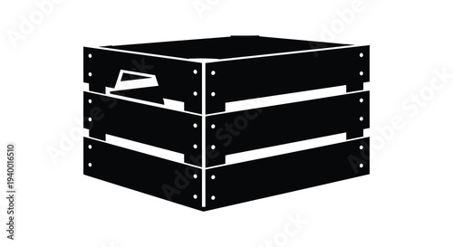 A stark black silhouette of a wooden crate is presented against a bright white background highlighting its form silhouette