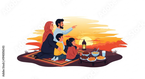 Family enjoying a Ramadan Iftar meal outdoors at sunset, with traditional food laid out on a mat