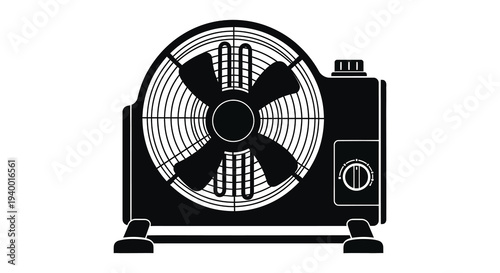 A striking black and white illustration of a vintage electric fan showcasing its classic design silhouette high quality professional detailed