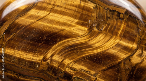 Polished tiger's eye stone texture background with golden brown silky chatoyant bands, distinctive warm mineral surface ideal for luxury brand premium product or distinctive corporate design