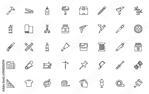 DIY & Crafts icon set. Vector tool collection. Includes hammer, scissors, glue, paint brush, yarn, needle, tape and more craft essentials. Editable stroke.
