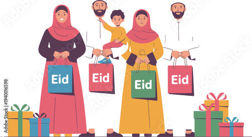 Muslim family celebrating Eid together exchanging gifts wearing traditional clothing joyful Islamic festival gathering vector illustration
