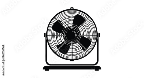 A stark black silhouette of a vintage industrial fan with a circular cage and stand silhouette high quality