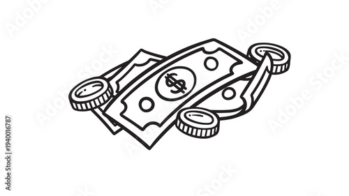 Dollar bills and coins drawn with bold black lines forming a financial icon for monetary transactions and wealth