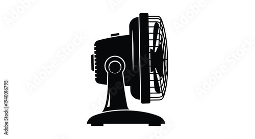 A stark black depiction of a vintage desk fan against a white background showcasing a bold silhouette