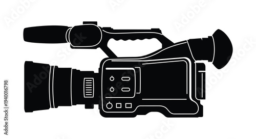 A stark black silhouette of a professional video camera capturing a sense of filmmaking and broadcast technology silhouette