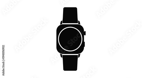 A stark black silhouette of a modern smartwatch with a rectangular face and strap highlighting its design silhouette