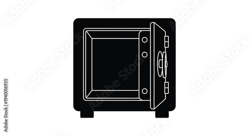 A stark white line drawing depicts a safe with an open door clearly showcasing its interior silhouette