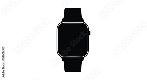 A stark black silhouette of a modern smartwatch on a wristband against a plain white background silhouette