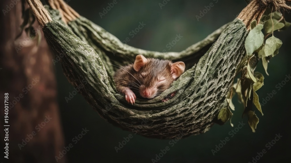 Fototapeta premium Sleeping Rat in a Cozy Fabric Hammock