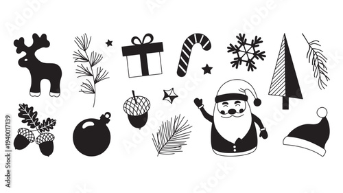 Christmas icons set featuring a reindeer, Santa Claus, Christmas tree, presents, snowflake, acorn, and pine branches in black and white.