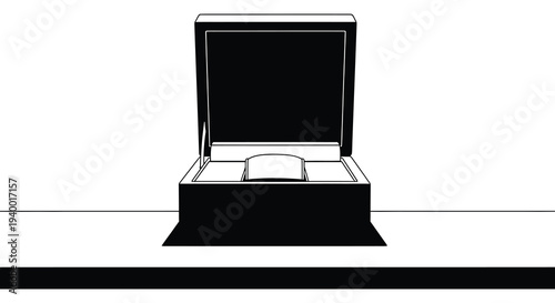 A minimalist black and white rendering depicts an open jewelry box with a dark interior silhouette high quality professional detailed