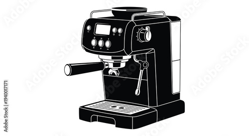 A detailed black and white illustration showcases a modern espresso machine emphasizing its design silhouette high quality professional