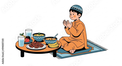 A heartwarming illustration depicting a young boy in prayer posture beside a modest meal, symbolizing devotion, family traditions, and spiritual reflection