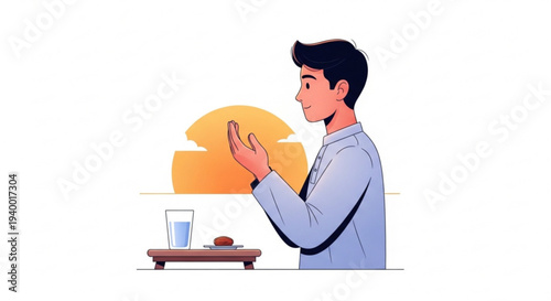 Young Muslim man in spiritual contemplation and prayer, raising hands in devotion before a light meal of dates and water, symbolizing faith and the breaking of fast