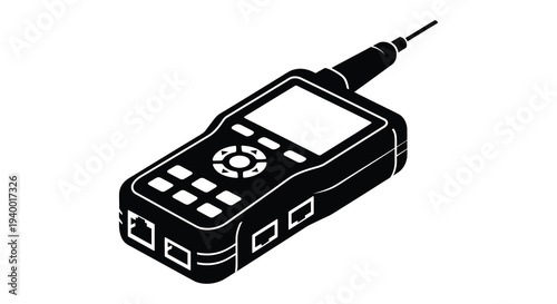 A detailed black silhouette illustration of a handheld gps device with antenna showing its controls and design silhouette