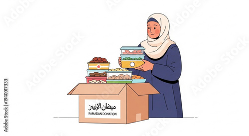 Generous woman in hijab organizes food containers for distribution as part of a Ramadan charity initiative, promoting kindness and support for the community