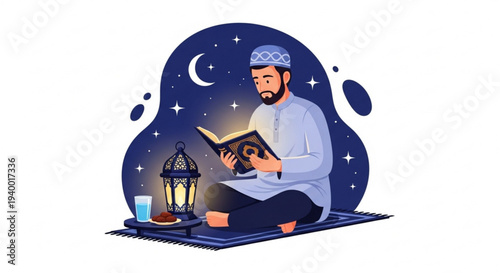 Man reading holy book under starry night sky with lantern and dates, celebrating Ramadan or Islamic event