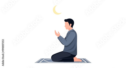 Illustration of a faithful Muslim man observing prayer, kneeling reverently on a mat under a subtle crescent moon, symbolizing peace, devotion, and spiritual reflection