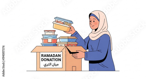 Illustration of a Muslim woman donating food during Ramadan, highlighting charitable giving and community support for the holy month