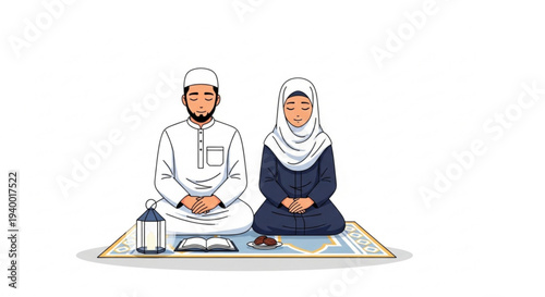 A Muslim couple performing Namaz (prayer) together on a prayer mat with a Quran and lantern