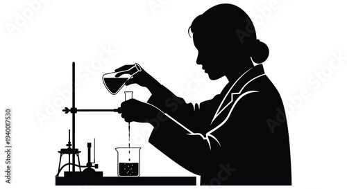 A female scientist carefully pours liquid into a beaker during a laboratory experiment presented as a silhouette
