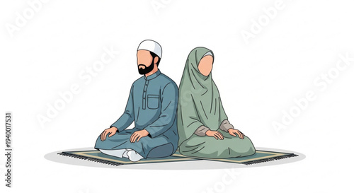 A serene portrayal of a Muslim couple in prayer, facing different directions but united in their spiritual journey and devotion, embodying faith and tranquility