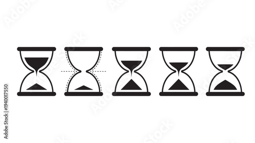 Hourglass timer icons showing different stages of sand flow and measurement, black graphic on white background.