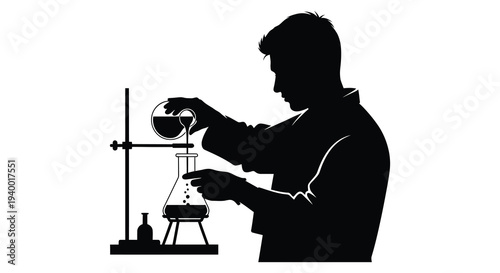 A scientist carefully pours liquid from a flask into an erlenmeyer flask during a laboratory experiment silhouette