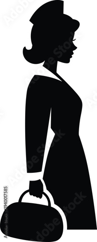 Vintage flight attendant silhouette, stewardess profile with bag, travel woman icon, airline staff vector, retro cabin crew, cad drawing flat vector illustration.